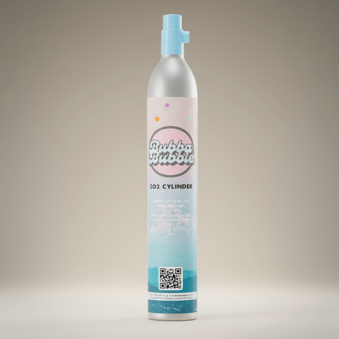 CO2 cylinder with bubble-themed design on a beige background